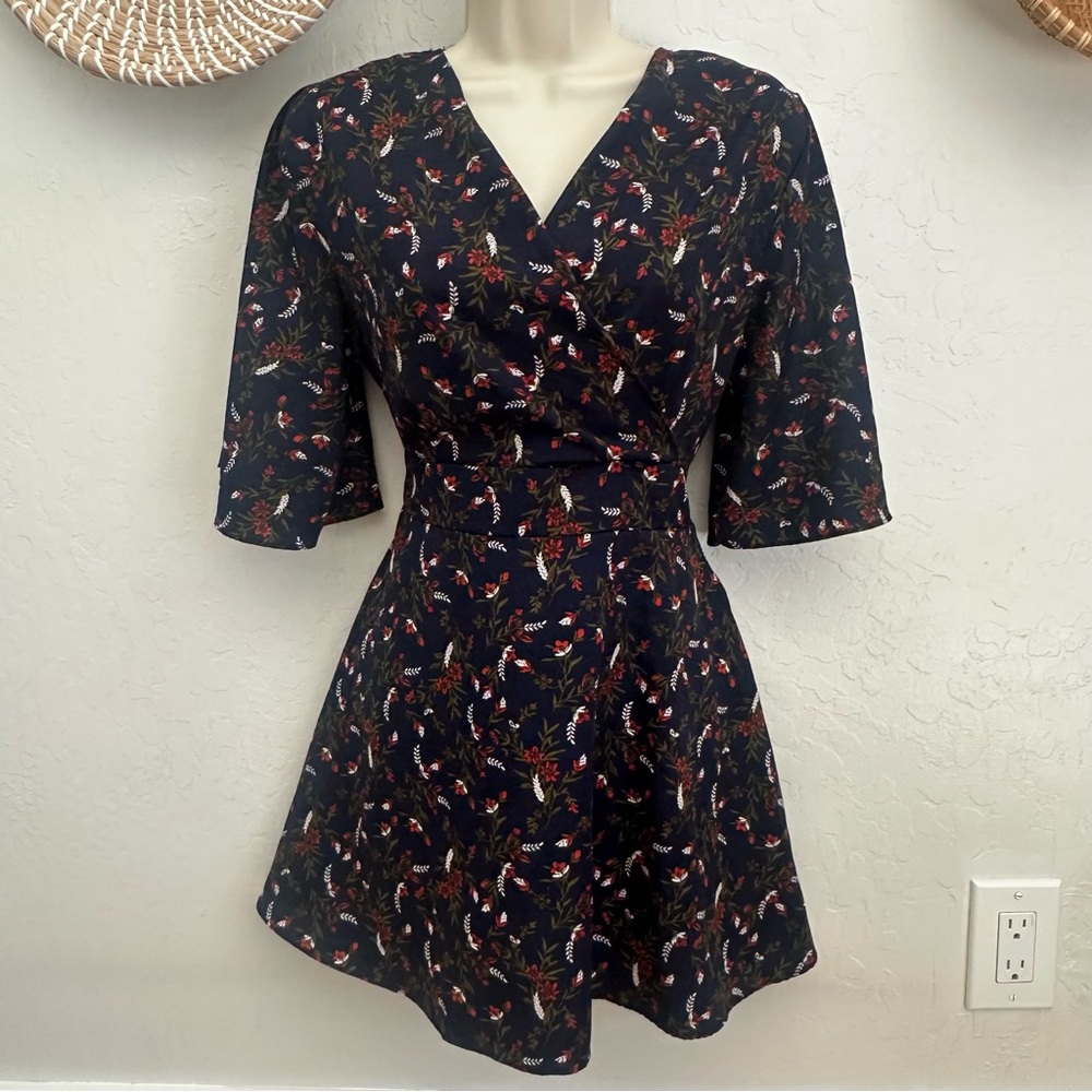 MISSHONG Navy Floral Faux Wrap Mini Dress. Size Small